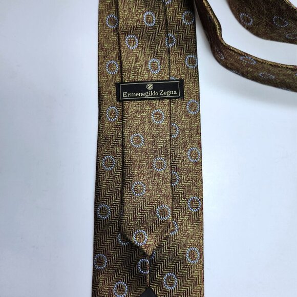 Ermenegildo Zegna Mens Neck Tie Silk Italy Gold/Brown Chevron Stripes Circles - Picture 4 of 6